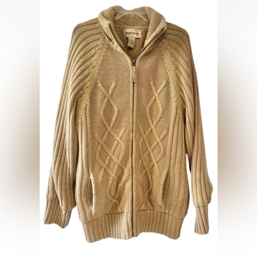 VTG Cableknit Fisherman Cardigan XL Lined Camel Grandpa Preppy Old Money